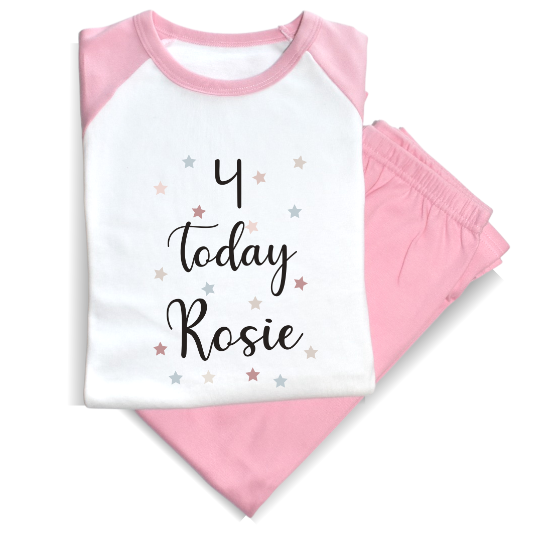 Second Ave Personalised Name Age Today Children's Kids Birthday Pyjamas PJ's Pink/White