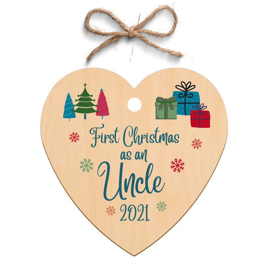 Second Ave First Christmas as an Uncle Wooden Hanging Heart Christmas Xmas Tree Decoration Bauble