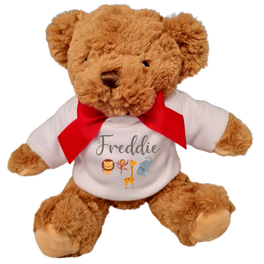 Second Ave Personalised Name Safari Design Brown Teddy Bear Plush Toy With White T Shirt