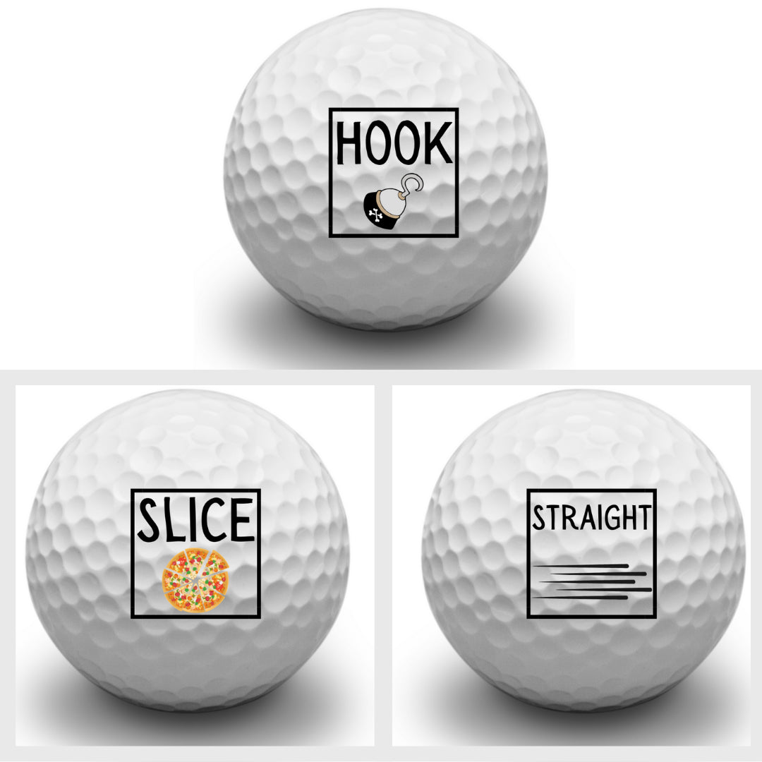 Second Ave Pack of 3 Joke Funny Golf Balls Hook,Slice,Straight Father's Day Christmas Birthday Golfer Gift