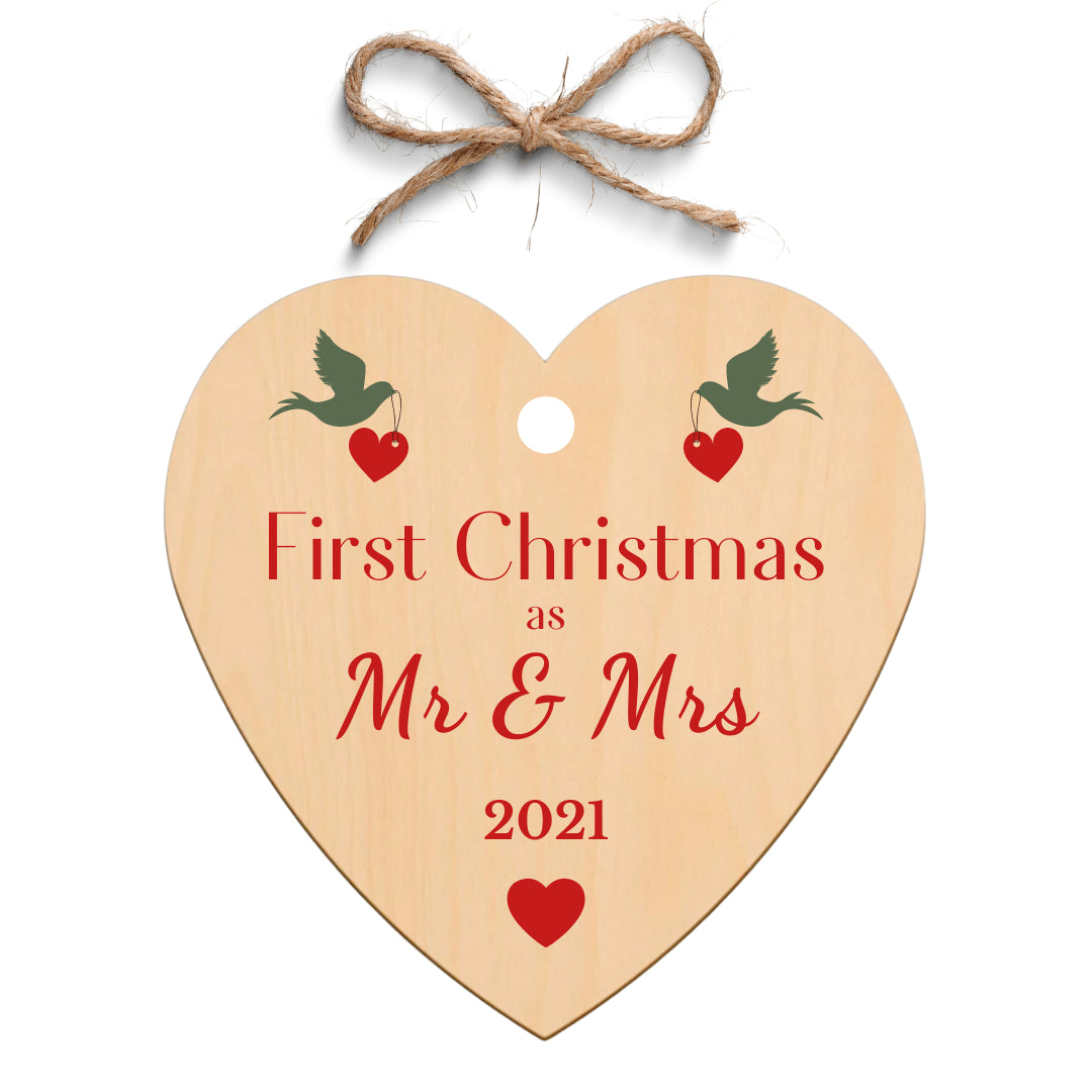 Second Ave First Christmas as Mr & Mrs Wooden Hanging Heart Christmas Xmas Tree Decoration Bauble