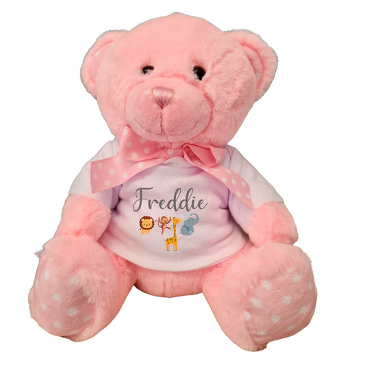 Second Ave Personalised Name Safari Design Pink Teddy Bear Plush Toy With White T Shirt