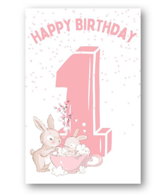 Second Ave 1st Birthday Age 1 Cute Rabbit Pink Baby Girl Children's Kids Happy Birthday Card Greetings Card
