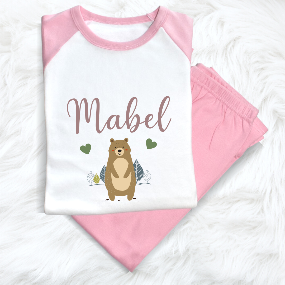 Second Ave Personalised Name Bear Children's Kids Pyjamas PJ's Pink/White