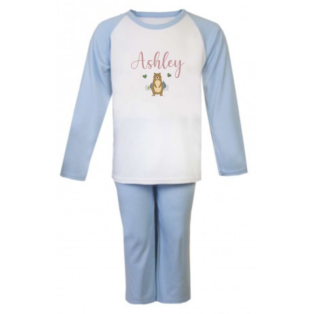 Second Ave Personalised Name Bear Children's Kids Pyjamas PJ's Blue/White