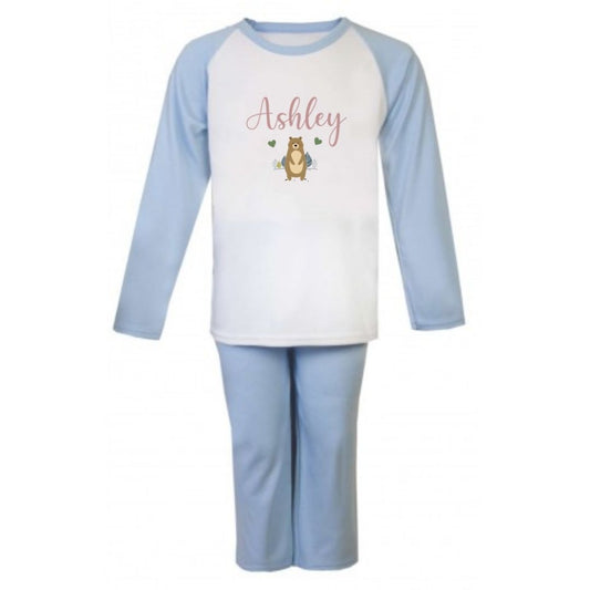 Second Ave Personalised Name Bear Children's Kids Pyjamas PJ's Blue/White