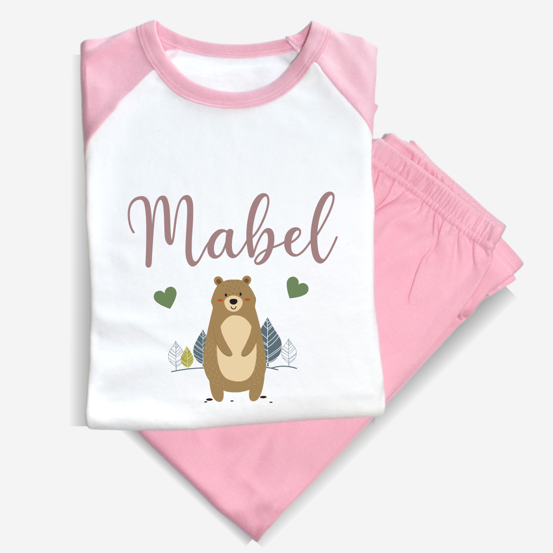 Second Ave Personalised Name Bear Children's Kids Pyjamas PJ's Pink/White