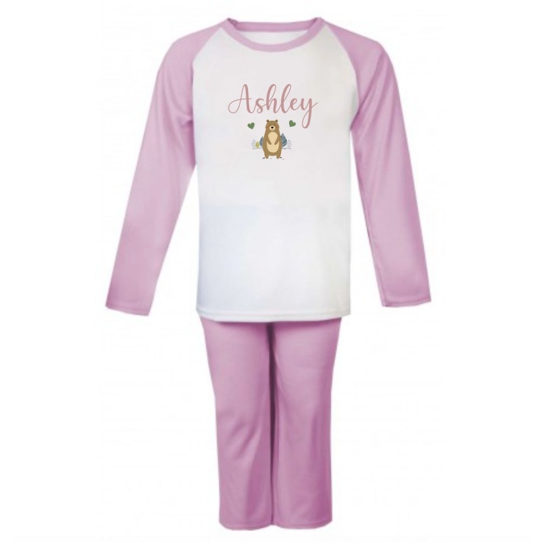 Second Ave Personalised Name Bear Children's Kids Pyjamas PJ's Pink/White