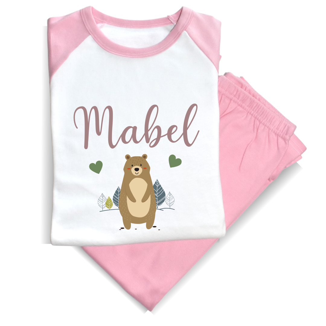 Second Ave Personalised Name Bear Children's Kids Pyjamas PJ's Pink/White