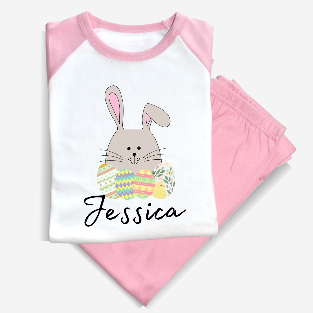 Second Ave Personalised Children's Kids Easter Bunny Pyjamas PJ's Pink/White