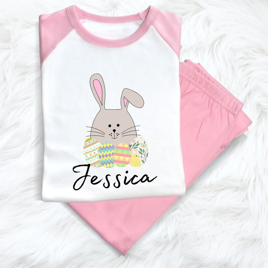 Second Ave Personalised Children's Kids Easter Bunny Pyjamas PJ's Pink/White