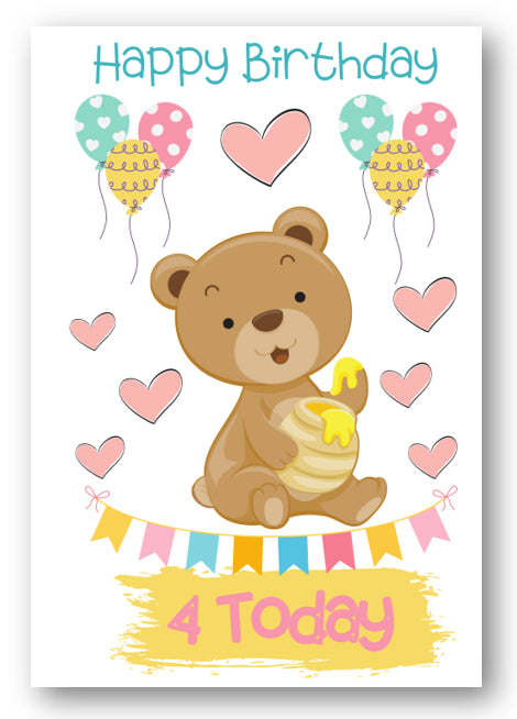 Second Ave Age 4 Children's Kids Bear 4th Birthday Card Greetings Card