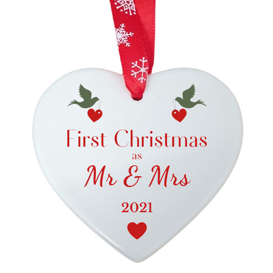 Second Ave First Christmas as Mr & Mrs White Ceramic Hanging Heart Christmas Xmas Tree Decoration Bauble