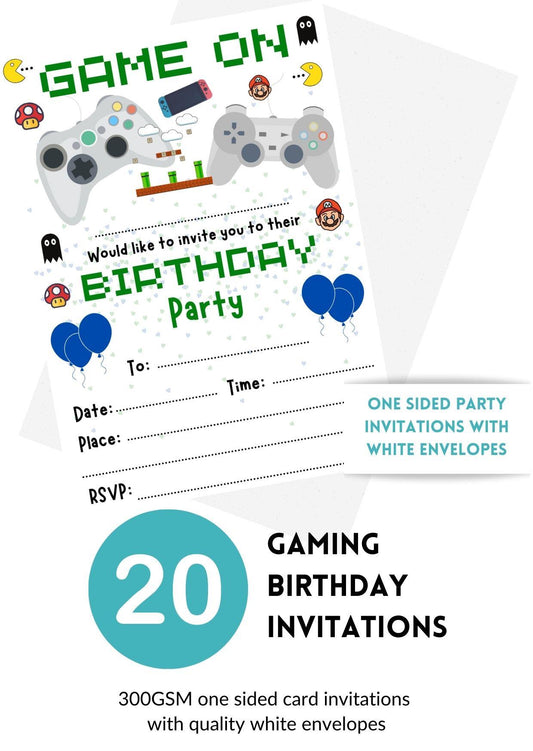 Second Ave 20 Pack Gamer Gaming Birthday Party Invitations Invite With Envelopes For Children Boys or Girls