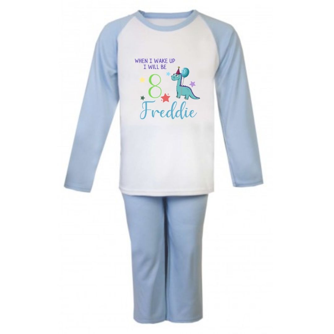 Second Ave Personalised Name Age Dinosaur Children's Kids Birthday Pyjamas PJ's Blue/White