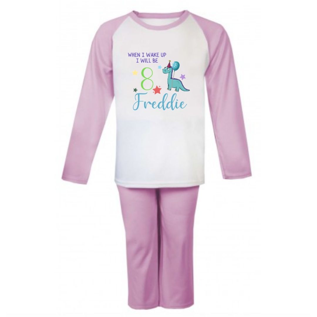 Second Ave Personalised Name Age Dinosaur Children's Kids Birthday Pyjamas PJ's Pink/White