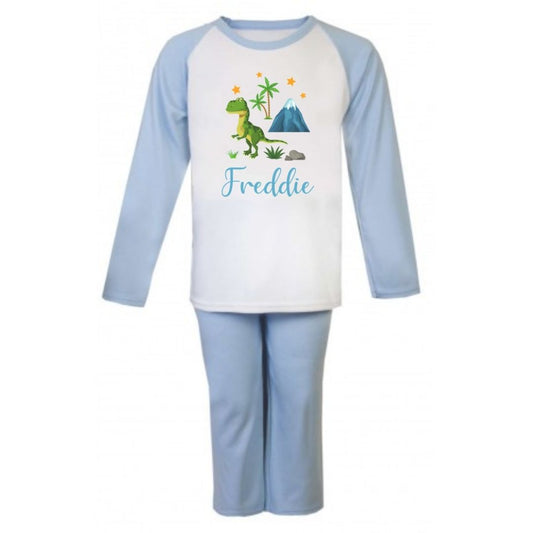 Second Ave Personalised Name Dinosaur Children's Kids Pyjamas PJ's Blue/White