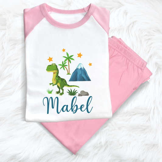 Second Ave Personalised Name Dinosaur Children's Kids Pyjamas PJ's Pink/White