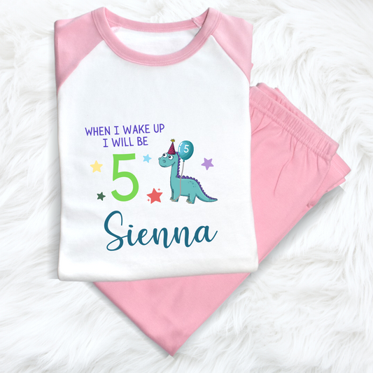 Second Ave Personalised Name Age Dinosaur Children's Kids Birthday Pyjamas PJ's Pink/White