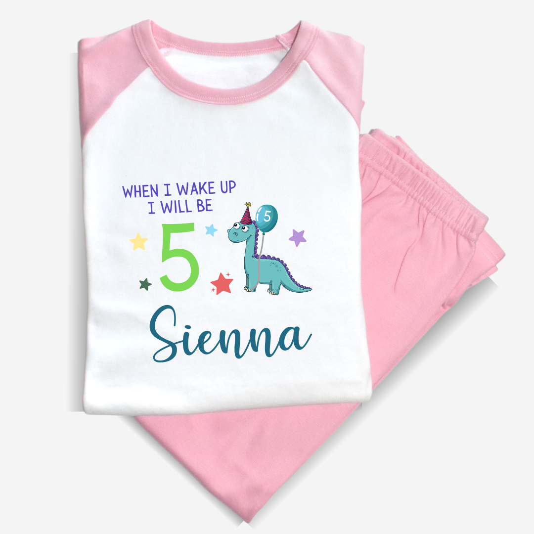 Second Ave Personalised Name Age Dinosaur Children's Kids Birthday Pyjamas PJ's Pink/White