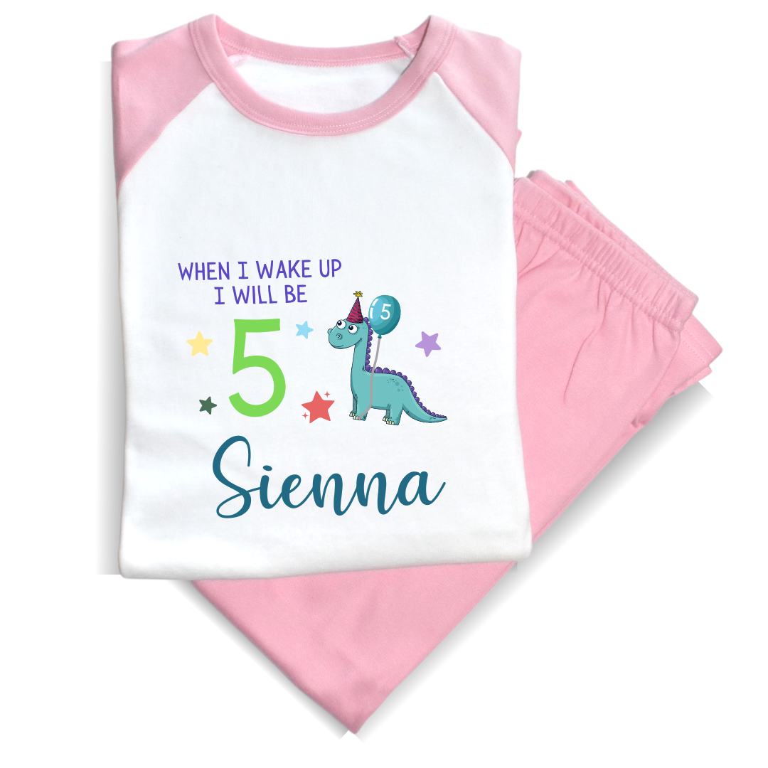 Second Ave Personalised Name Age Dinosaur Children's Kids Birthday Pyjamas PJ's Pink/White