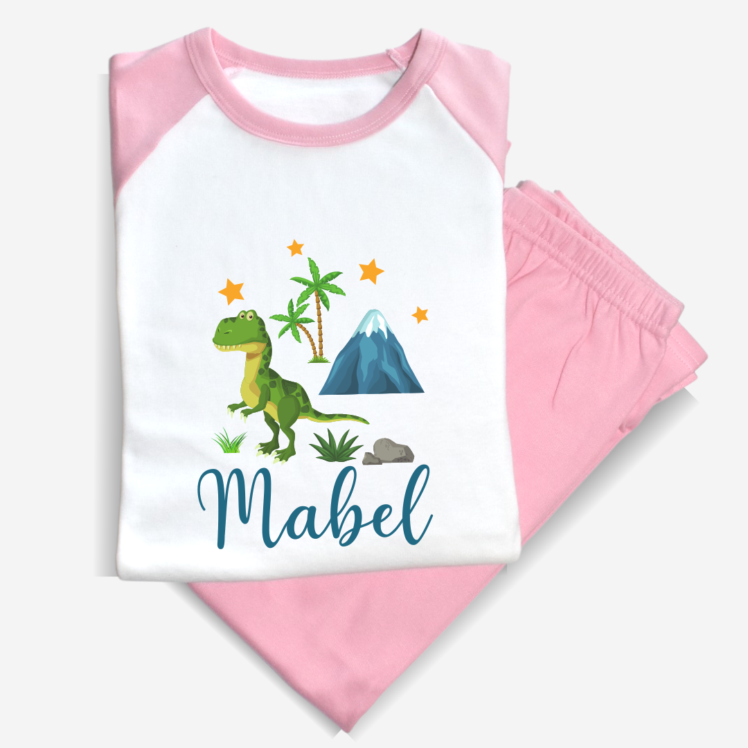 Second Ave Personalised Name Dinosaur Children's Kids Pyjamas PJ's Pink/White