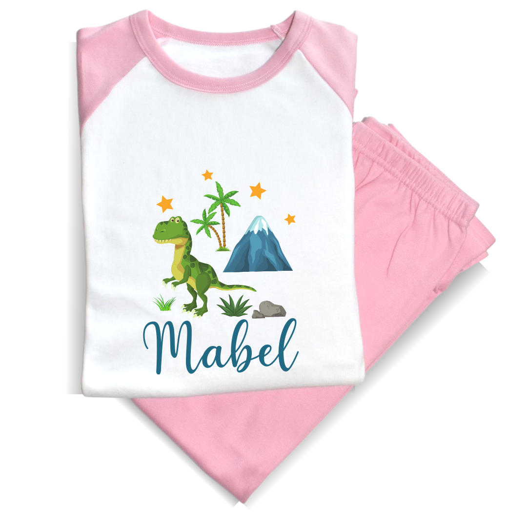 Second Ave Personalised Name Dinosaur Children's Kids Pyjamas PJ's Pink/White