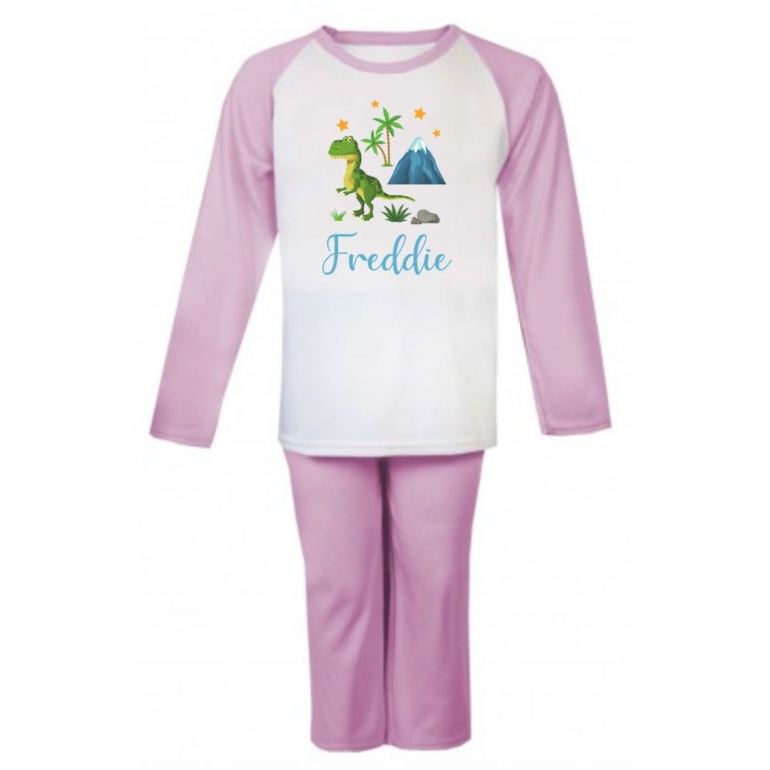 Second Ave Personalised Name Dinosaur Children's Kids Pyjamas PJ's Pink/White