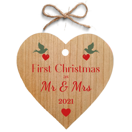 Second Ave First Christmas as Mr & Mrs Cherry Wood Hanging Heart Christmas Xmas Tree Decoration Bauble