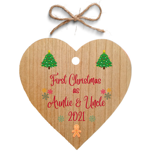 Second Ave First Christmas as Auntie & Uncle Cherry Wood Hanging Heart Christmas Xmas Tree Decoration Bauble