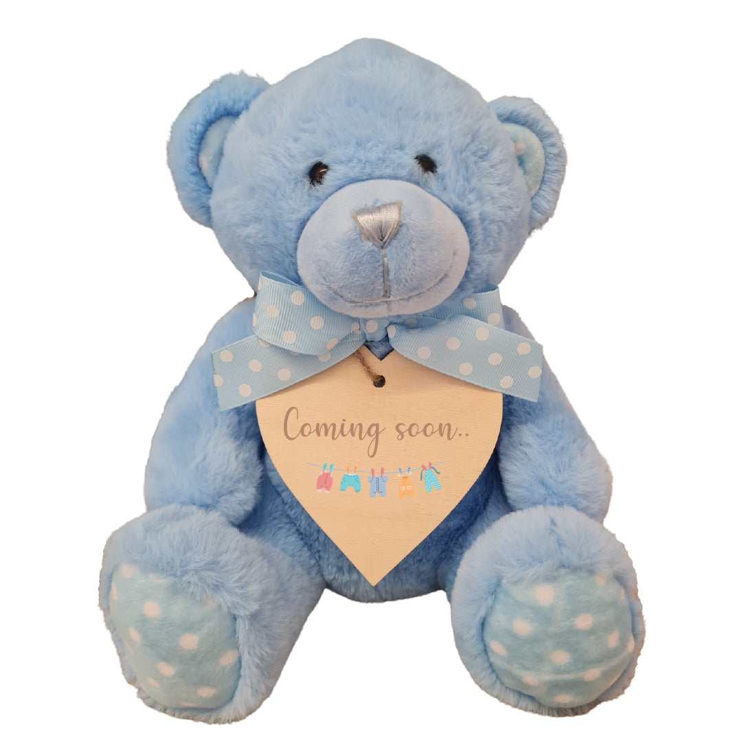 Second Ave Coming Soon Pregnancy Announcement Blue Teddy Bear Plush Toy With Wooden Heart Tag