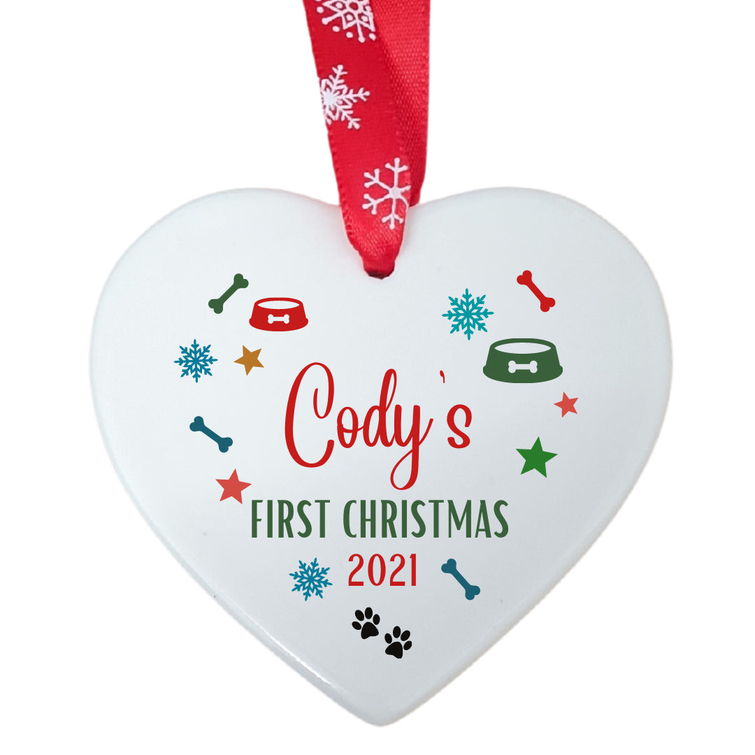 Second Ave Personalised Pet Dog First Christmas White Ceramic Hanging Heart Christmas Xmas Tree Decoration Bauble