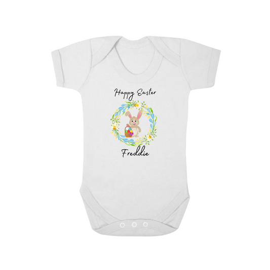 Second Ave Personalised Happy Easter Baby Grow Vest White Shortsleeve Babygrow Bodysuit