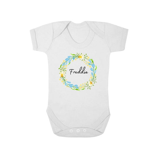 Second Ave Personalised Name Flower Baby Grow Vest White Shortsleeve Babygrow Bodysuit