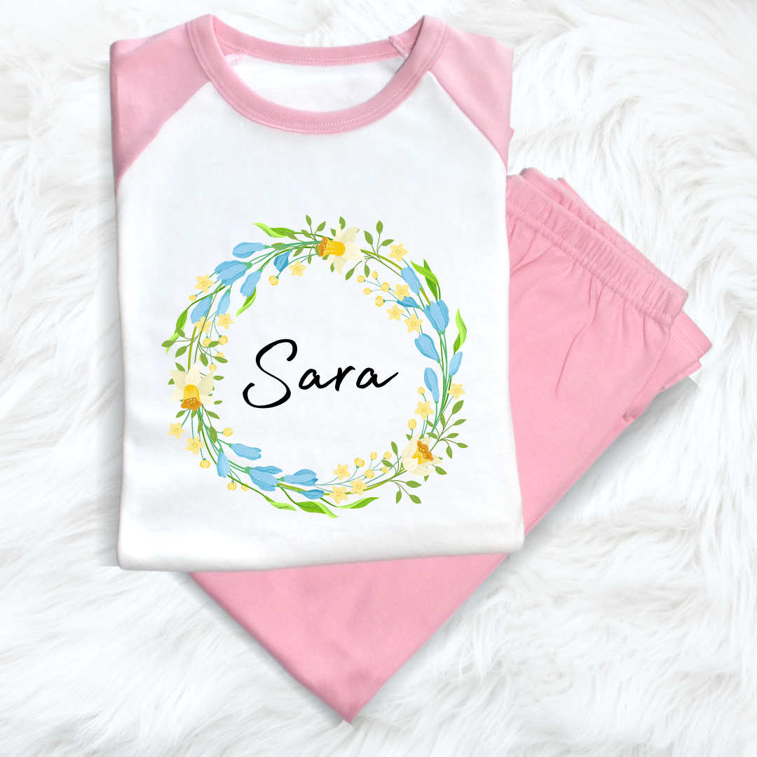 Second Ave Personalised Name Children's Kids Flower Pyjamas PJ's Pink/White