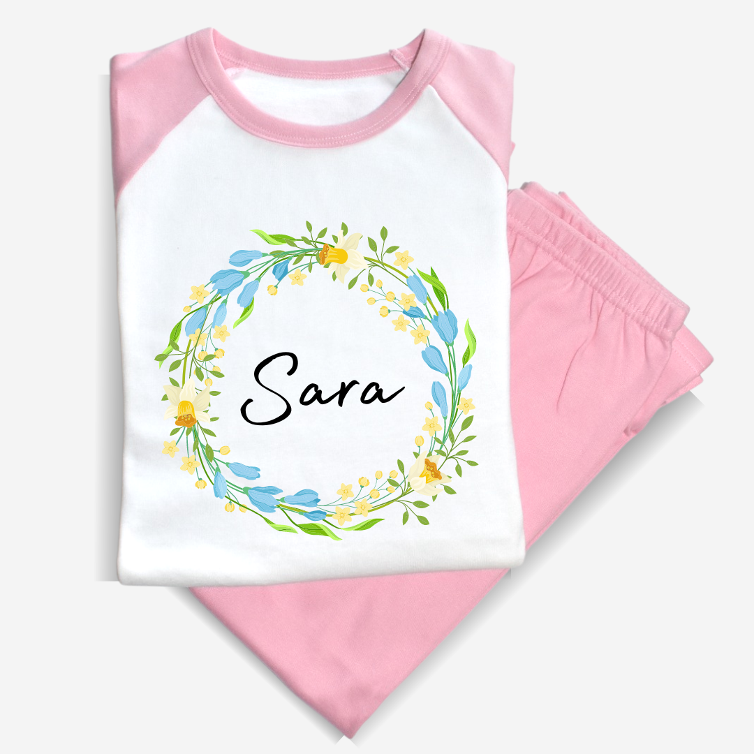 Second Ave Personalised Name Children's Kids Flower Pyjamas PJ's Pink/White