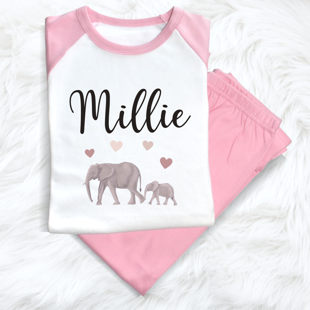 Second Ave Personalised Name Elephant Children's Kids Pyjamas PJ's Pink/White