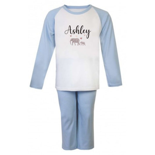 Second Ave Personalised Name Elephant Children's Kids Pyjamas PJ's Blue/White