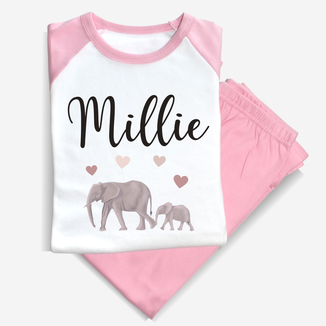 Second Ave Personalised Name Elephant Children's Kids Pyjamas PJ's Pink/White