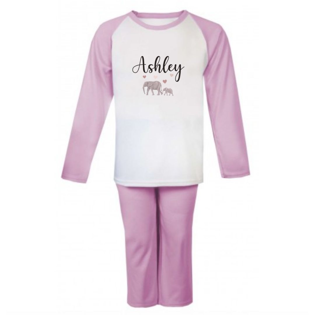 Second Ave Personalised Name Elephant Children's Kids Pyjamas PJ's Pink/White