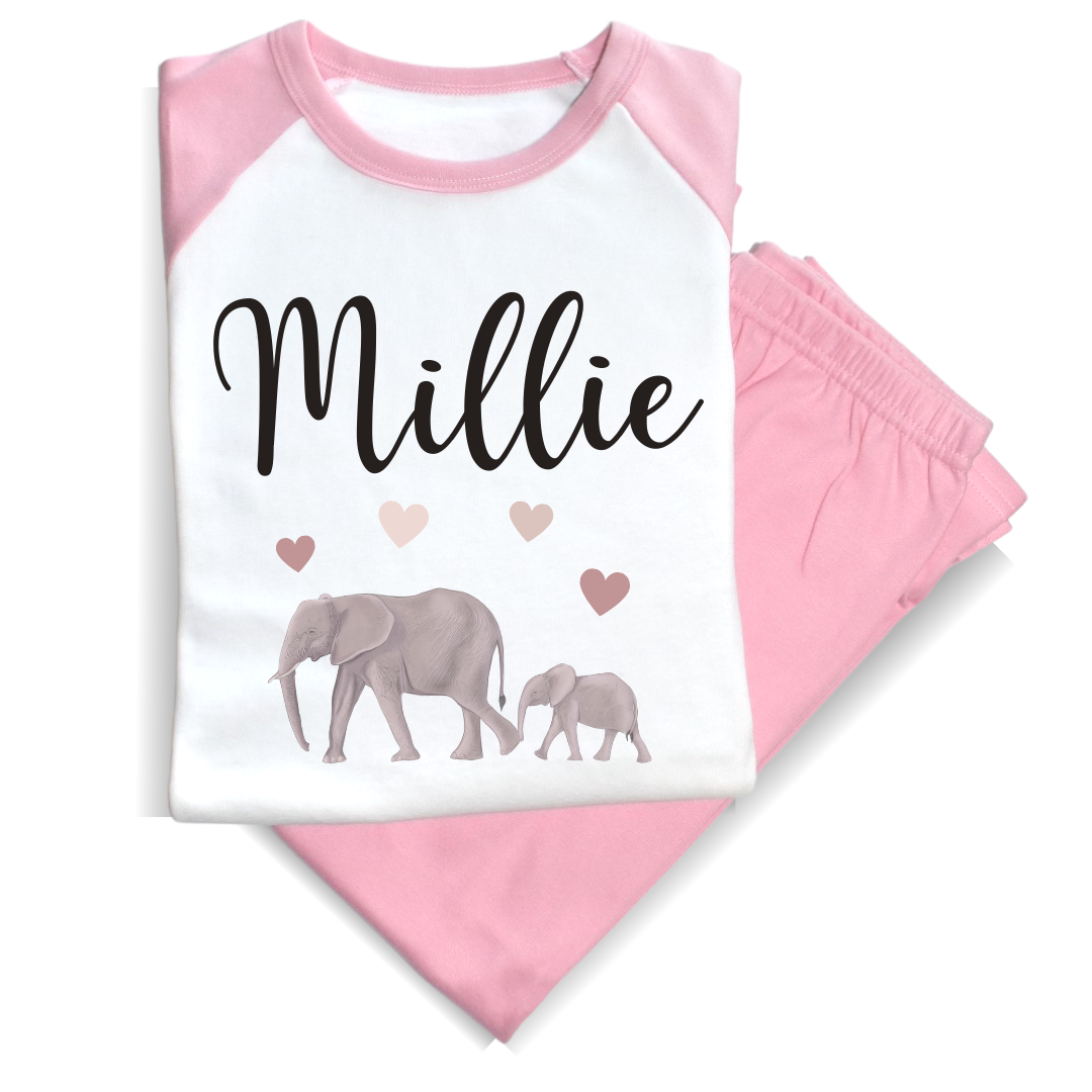 Second Ave Personalised Name Elephant Children's Kids Pyjamas PJ's Pink/White