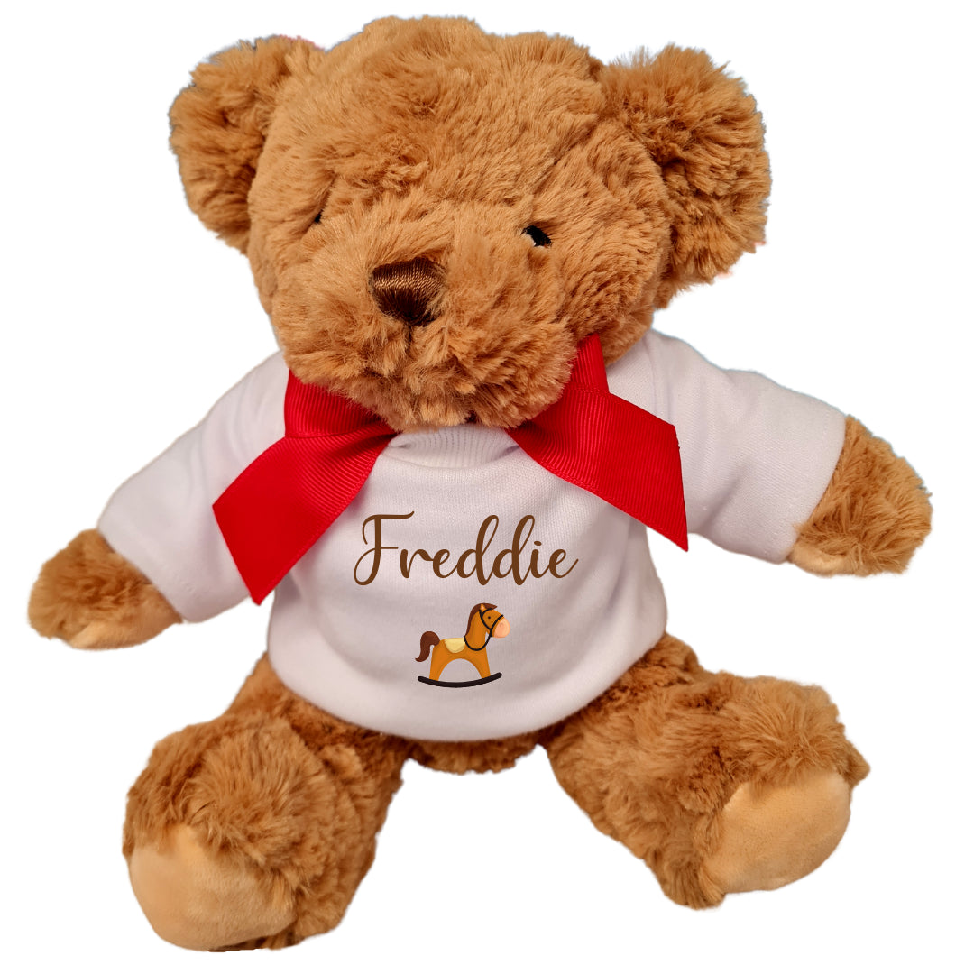 Second Ave Personalised Name Horse Design Brown Teddy Bear Plush Toy With White T Shirt