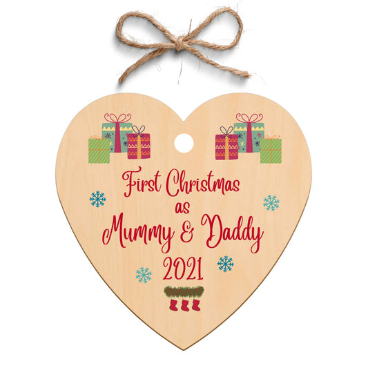 Second Ave First Christmas as Mummy & Daddy Wooden Hanging Heart Christmas Xmas Tree Decoration Bauble