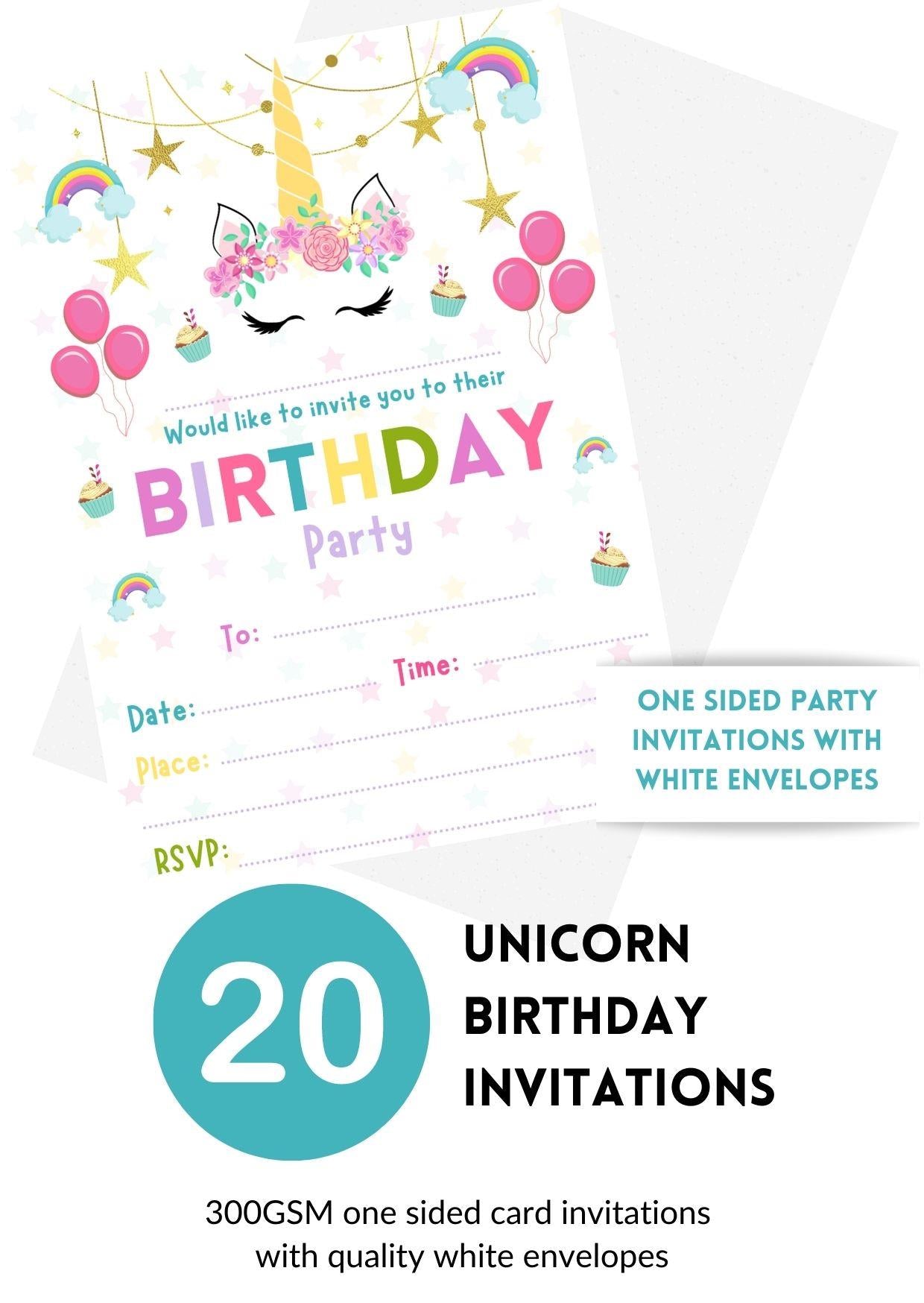 Second Ave 20 Pack Unicorn Birthday Party Invitations Invite With Envelopes For Children Girls