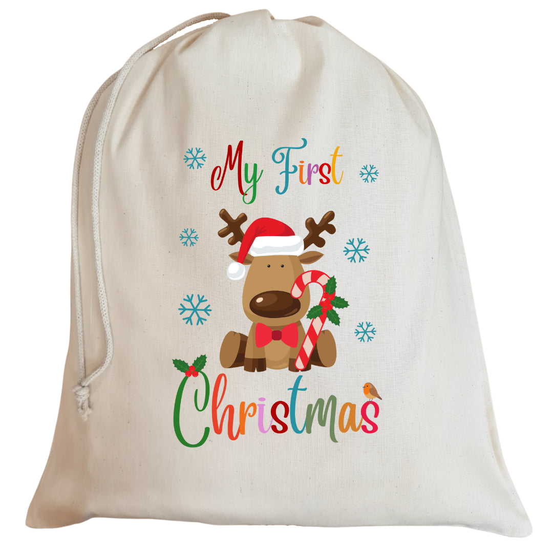 Second Ave Cute Children's My First Christmas Reindeer Cotton Drawstring Xmas Santa Sack Bag Gift