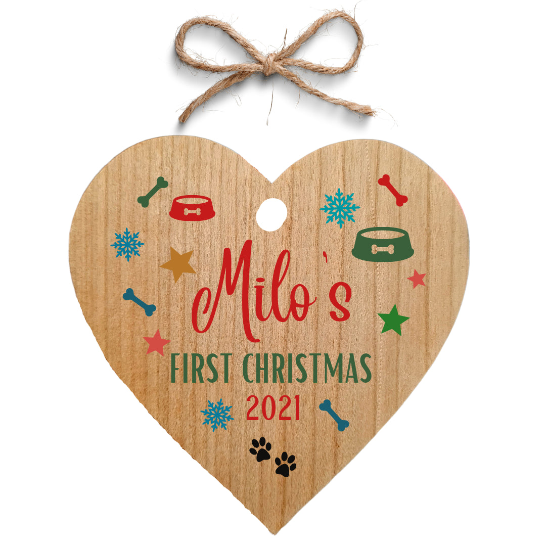 Second Ave Personalised Pet Dog First Christmas Cherry Wood Hanging Heart Christmas Xmas Tree Decoration Bauble