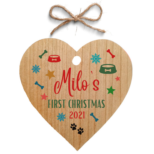 Second Ave Personalised Pet Dog First Christmas Cherry Wood Hanging Heart Christmas Xmas Tree Decoration Bauble