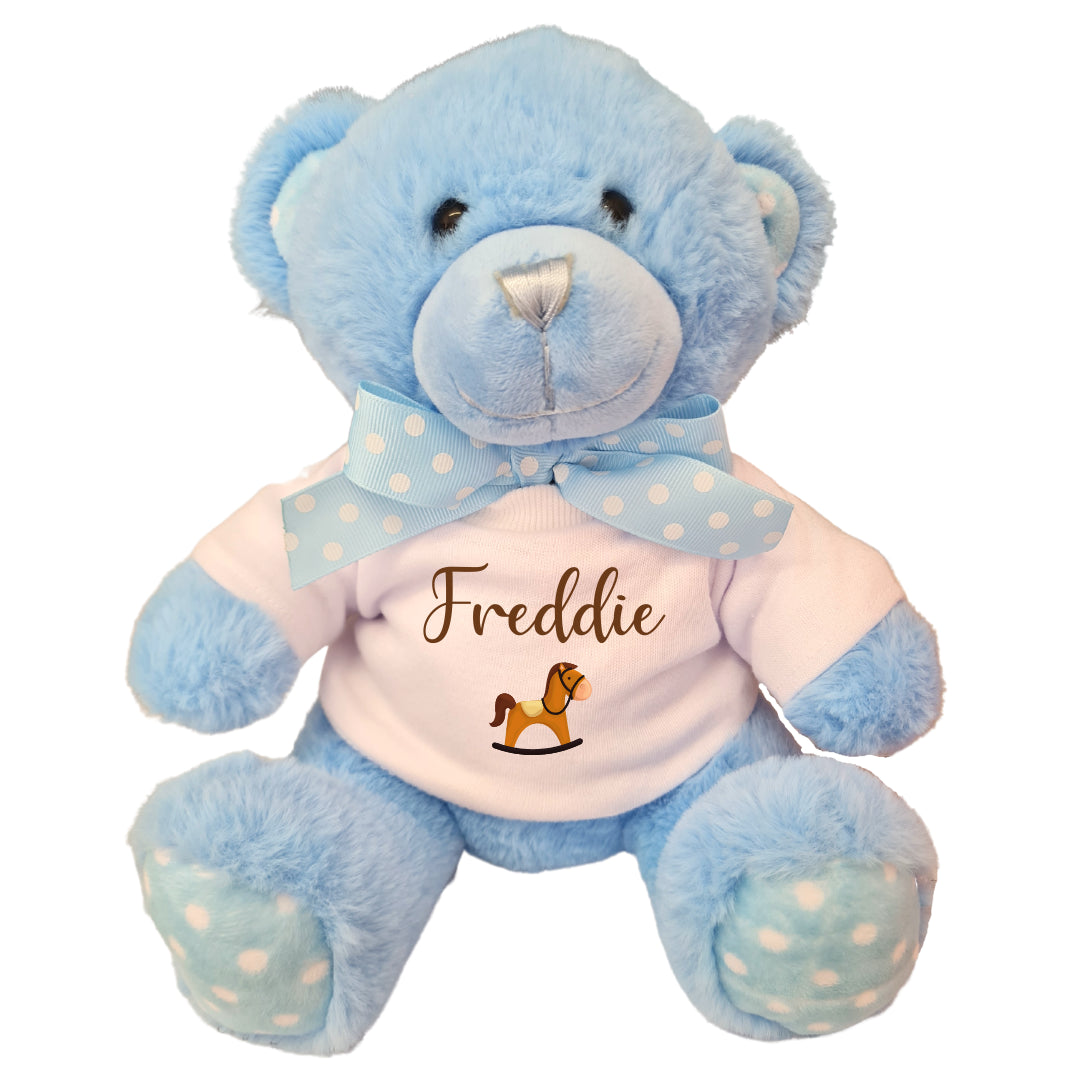 Second Ave Personalised Name Horse Design Blue Teddy Bear Plush Toy With White T Shirt