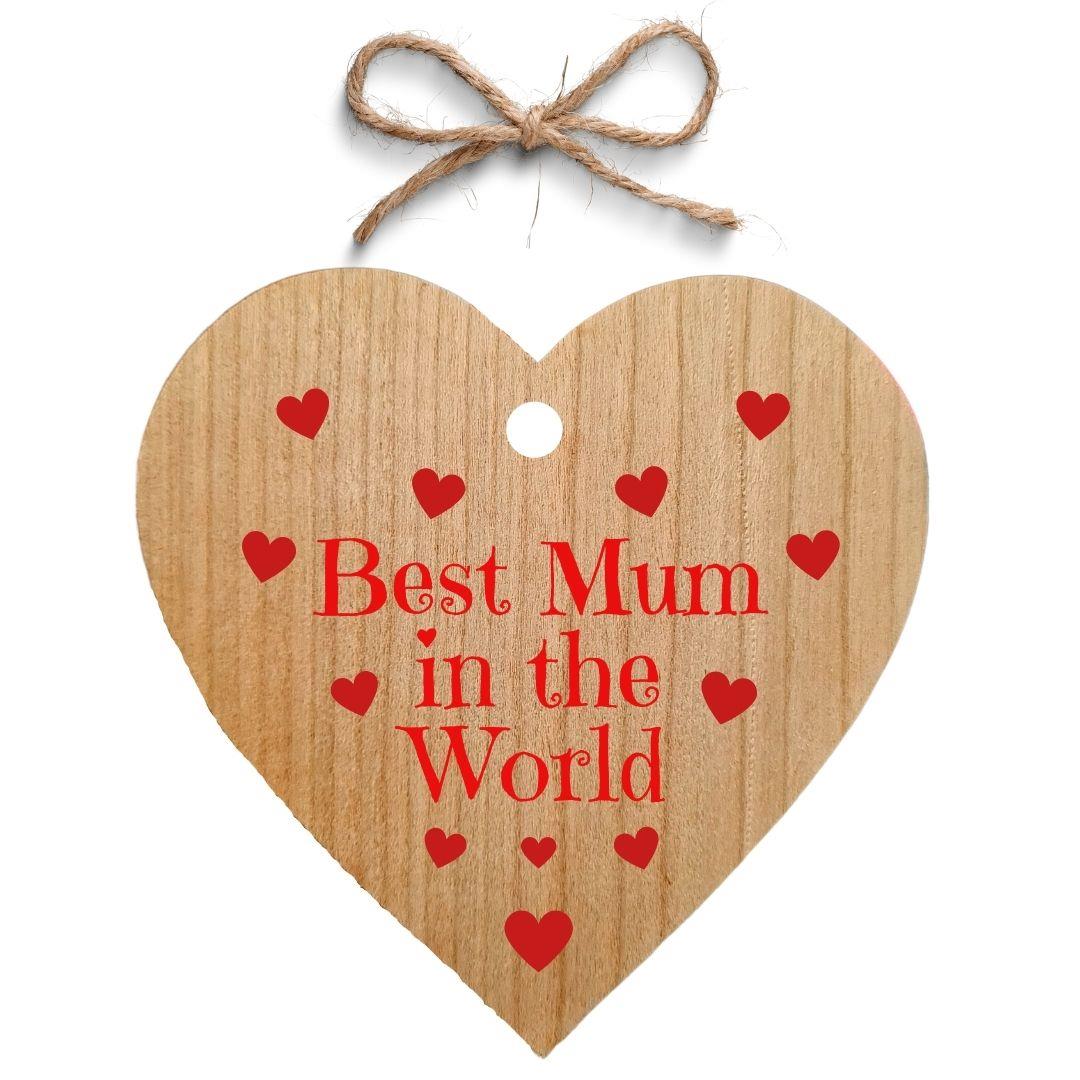 Second Ave Best Mum In The World Wooden Cherry Wood Hanging Heart Gift Plaque Mothers Day Birthday Christmas Gift