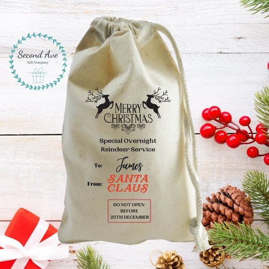 Second Ave Cute Personalised Special Overnight Reindeer Service Christmas Xmas Santa Sack Bag Gift